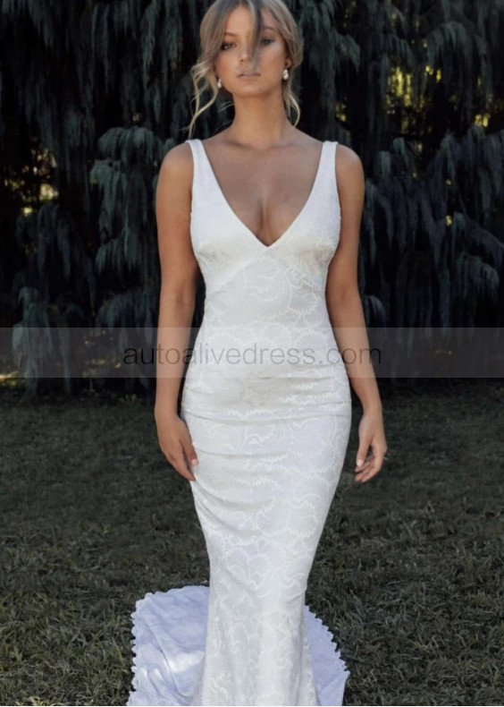 V Neck Ivory Lace Open Back Sexy Modern Wedding Dress